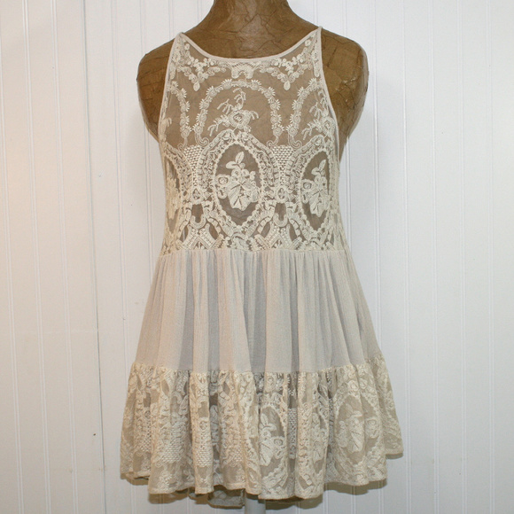 Easel Tops - Easel Ecru Sheer Lace Boho Gypsy Medium Tunic